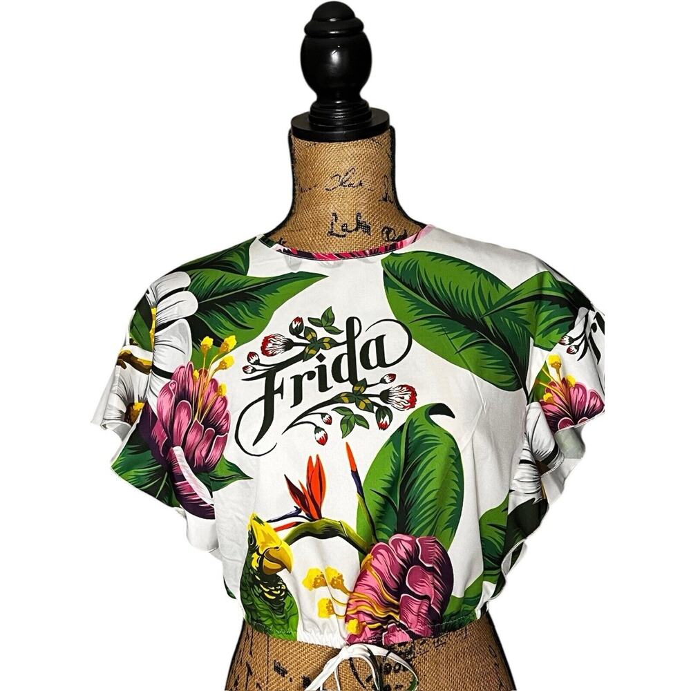 FRIDA KAHL x SHEIN GREEN PINK FLORAL ON WHITE CROPPED TOP M / MEDIUM FLUTTER SLV